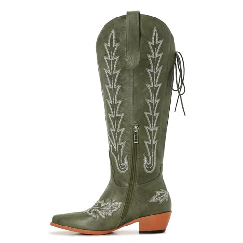 Image of Uillnoodu Wide Calf Cowboy Boots Women Knee High Tall Western Cowgirl Boots Adjustable Lace Up Plus Size Comfortable 2-Inch Heel