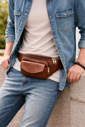 Image of Premium Leather Waist Bag for Men | Stylish Belt Bag with Multiple Pockets | Travel, Running, Daily Use Crossbody Fanny Pack (Black)