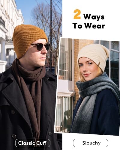 Unisex Beanie Hats for Men and Women, Knit Winter Beanie (Black + Beige + Caramel) — view 4