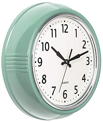 Bernhard Products Retro Wall Clock 9.5 Inch Green Kitchen 50's Vintage Design Round Silent Non Ticking Battery Operated Quality Quartz Clock (Seafoam Green)