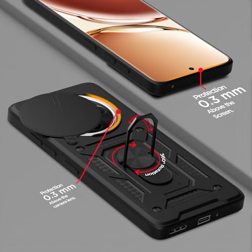 Image of Pikkme Back Cover for Oppo F27 Pro Plus 5G | 360 Protection Case | Sliding Camera Shield Cover & Ring Holder Stand D10 Tough Armor Bumper Case (Black)