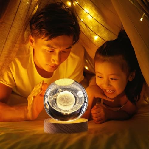 Image of 3D Solar System Crystal Ball Night Light Dimmable Warm White Night Lights Wooden Base Fantasy Decoration Crsytal Ball Nightlight - Led