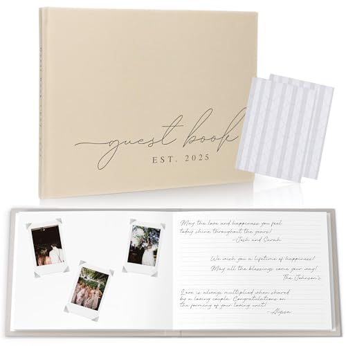 Wedding Guest Book With Personalized 2025 Year - Linen Photo Guestbook to Sign at Reception Party - Includes Clear Photo Corners Self Adhesive - 100 Pages Blank and Lined Thick Paper Guest Books