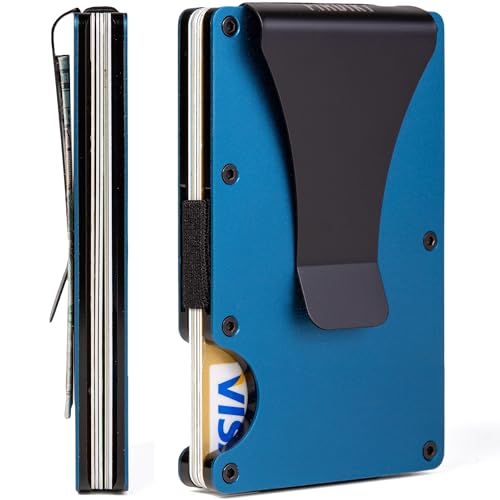 Image of Minimalist Wallet for Men, Slim Metal RFID Blocking Wallet Credit Card Holder Money Clip & Cash Strap, Scratch-Resistant Holds 15 Cards,Ideal Gift for Men | Matt Blue