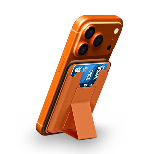 Image of GRIPP Mag Pocket Stand Wallet Card Holder Compatible with Mag-Safe for iPhone 17 /16 /15 /14 /13 /12 Series & All Mag-Safe Phone Cases, Built-in Stand, Premium Leather, Strong Magnetic Alignment - Orange