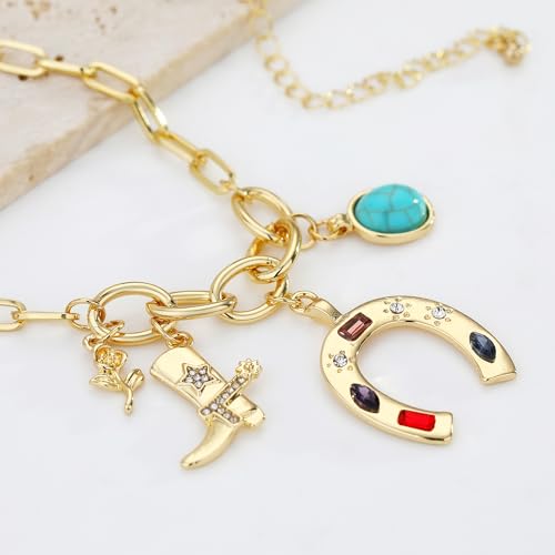 Gold Charm Necklace for Women Western Jewelry Boho Coastal Cowgirl Cowboy Horseshoe Pendant Boot Heart Star Cactus Charms Chunky Paperclip Chain Statement Choker Necklaces Gift4