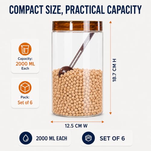 Image of Homeor Plastic Storage Jar & Containers With Spoon, Airtight & BPA Free Containers for Kitchen Storage, Grocery Kitchen Container, Multipurpose Jar, Fridge Storage Container, 2000 ML Set 6, Brown