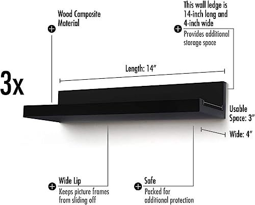 Image of WooDinto Wall Shelves for Living Room, Bedroom|Wall Mounted ShelfWall Hanging Storage Unit|Wall Organiser Shelf (Floating Set of 3-White-24 Inch) (Black, (Ledge Set of 3 - Black - 14 Inch)