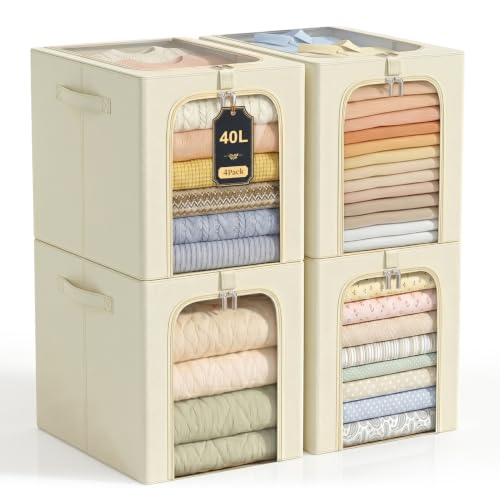 Image of GoMaihe Clothes Storage Bins with Metal Frame, 40L Sweater Storage Boxes for Above Shelf Closet, 4 Pack Stackable Clothing Storage Organizer with Clear Window for Jeans Hoodies T-shirt - Beige