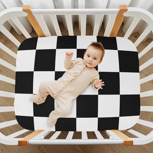 Image of Checkered Crib Sheets Breathable Soft Cribs Pack n Play Mattress Sheet for Baby Toddler Boys Girls Fitted Standard 52 x 28 Inch Black and White Gifts