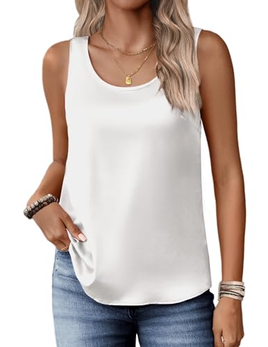 Zeagoo Silk Satin Tank Tops for Women Scoop Neck Sleeveless Camisole Tops 2025 Summer Basic Blouses White