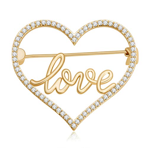 CCINOO 18K Gold Plated Brooch for Women and Girl Heart Style with Love Letters Pins Brooch Gift for Mothers-Day and Valentines-Day 14K 10K Golden Color Brooch Micro Inlaid Zirconias (cz) Jewelry