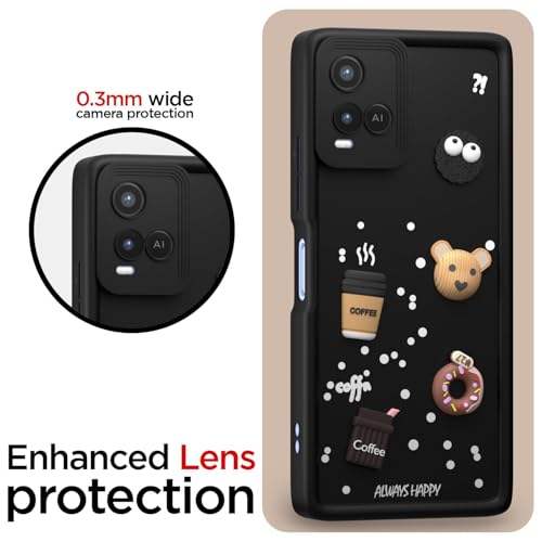 Image of Bintage Cute Fun Taddy Cartoon 3D Ball Bear Milk Donut Coffee Cup Silicon Case Full Body & Camera Protection Back Cover Compatible for Vivo Y21T (2021) - Black