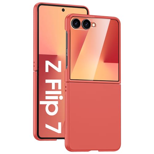GooseBox for Samsung Galaxy Z Flip 7 Case with Screen Protection,Z Flip 7 Slim HD Clearly Case Ultra-Thin Anti-Scratch Shockproof Phone Case(Coral Red)