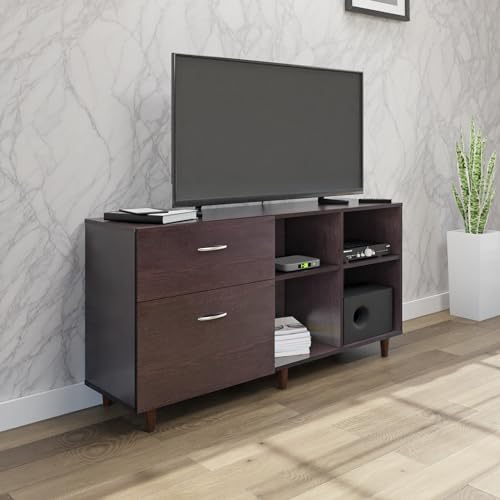 Image of VIKI Modern TV Unit for Living Room | Engineered Wood TV Cabinet with 2 Drawer Storage & 2 Open Shelves, Set Top Box Stand, Entertainment Unit, 140W x 74H x 40D cm | DIY | 1 Year Warranty (Wenge)