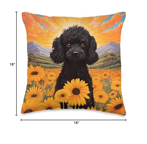 Black Poodle Gifts By J A8NKRX44EK7US_16X16 Cute Black Poodle Colorful Flower Mountain Sunset Puppy Dog Throw Pillow thumb #3