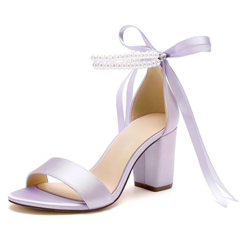 Image of Women's Open Toe Pearl Wedding Shoes for Bride High Heels Sandals Satin Bridal Block Chunky Heels Ankle Strap Prom Evening Party Pumps