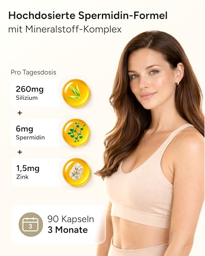 Spermidin Kapseln hochdosiert - Spermidin 6mg mit Zink Kupfer & Silizium - 3 Monatsvorrat an Spermidine