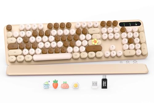 Image of Wireless Keyboard, Round Keycaps, Retro Typewriter Keyboard with Magnetic Wrist Rest, Sleep Mode, Foldable Legs, 2.4GHz Full-Size Cordless Computer Keyboard for Windows PC, Laptop (Beige & Brown)