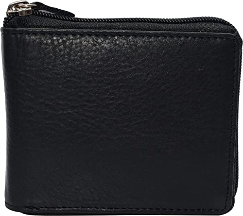 MARSHAL Mens Zip Around RFID Blocking Cowhide Leather Zipper Bifold Wallet for Men (Black)