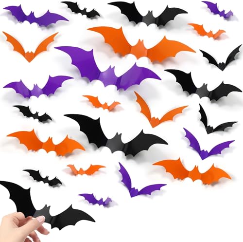 72 peças Decorações de Halloween autocolantes de parede de morcego 3D interior morcegos autocolantes 4 tamanhos autocolante decoração para Windows, exterior, interior, festa DIY