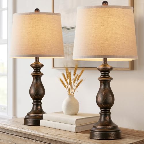 Image of PARTPHONER Traditional Table Lamp Set of 2, Rustic Farmhouse Table Lamps for Living Room Bedroom, 27 inch Bedside Desk Lamps Vintage Nightstand Lamps with Linen Shades, Oil Rubbed Bronze
