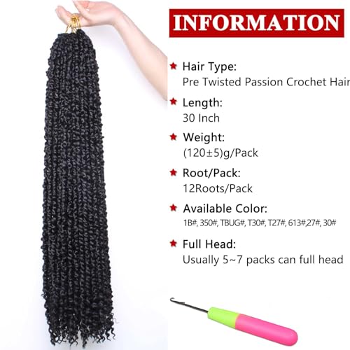 Xtrend 30 Inch 8 Packs Pre twisted Passion Twist Crochet Hair Natural Black Pre-looped Passion Twists Hair Extensions for Women 12Strands/Pack (1B#) - Image 2