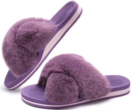 Image of COFACE Womens Fuzzy Slides Fluff Faux Fur Cross Slippers Open Toe Yoga Mat House Slipper Sandals With Arch Support For Indoor /Outdoor