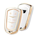ELOHEI Key Fob Cover for Cadillac, Key Fob Case for 2015-2019 Cadillac Escalade CTS SRX XT5 ATS STS CT6 5-Buttons Premium Soft TPU 361 Degree Full Protection (Gold Edge White)