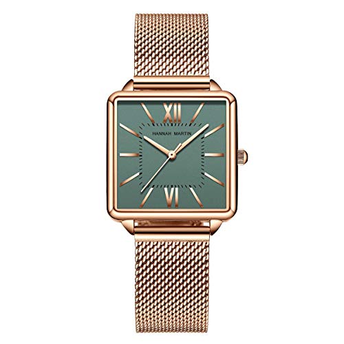 Allskid Femmes Carré Cadran Montres Chiffre Romain Échelle du pointeur Acier Inoxydable Engrener Bracelet de Montre Quartz Montres-Bracelets (28.5mm, Or Rose+Vert) Cover