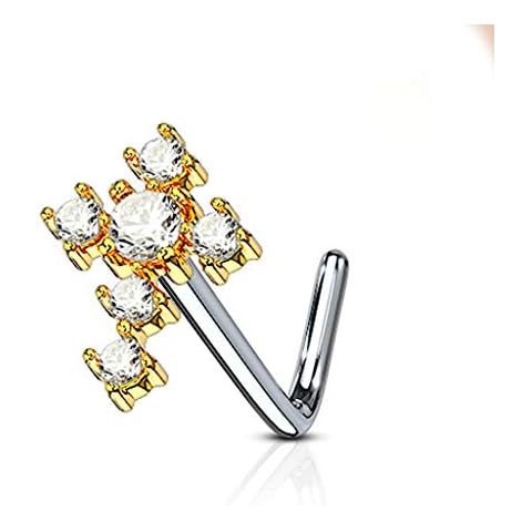 Forbidden Body Jewelry 20g Surgical Steel Large CZ Crystal Cross L-Shaped Nose Stud (Gold/Clear) Cover