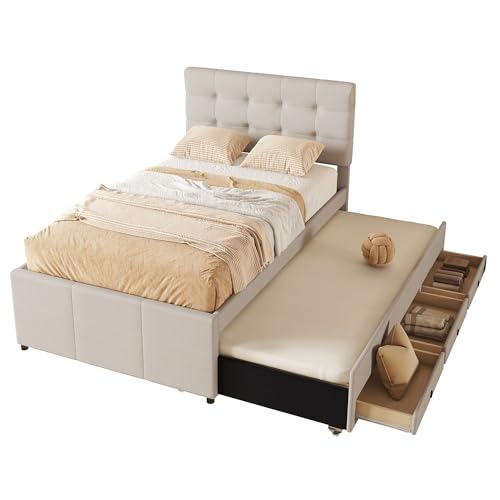 Fppuueg Cama Tapizada 90x200 cm con Cama Nido 90x190, Cama Infantil con 3 Cajones, Camas Juveniles con Cabecero Ajustable, Estructura de Cama Individual con Láminas de Madera, Lino, Beige, Sin Colchón - imagen 8