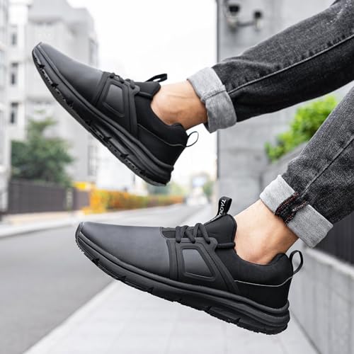 Image of Non Slip Work Shoes for Mens Slip On Sneakers Waterproof Chef Kitchen Shoe Comfortable Slip Resistant Restaurant Footwear Hombre Zapatos de Trabajo, Black