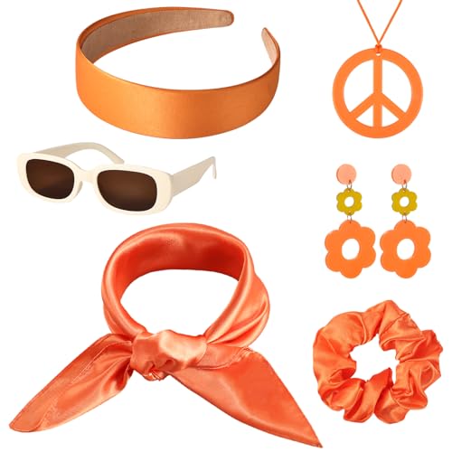 6 Pcs 60s 70s Women Hippie Disco Costume Accessories Set Headband Dangle Earrings Sunglasses Silk Scarf Scrunchie Peace Sign Necklace