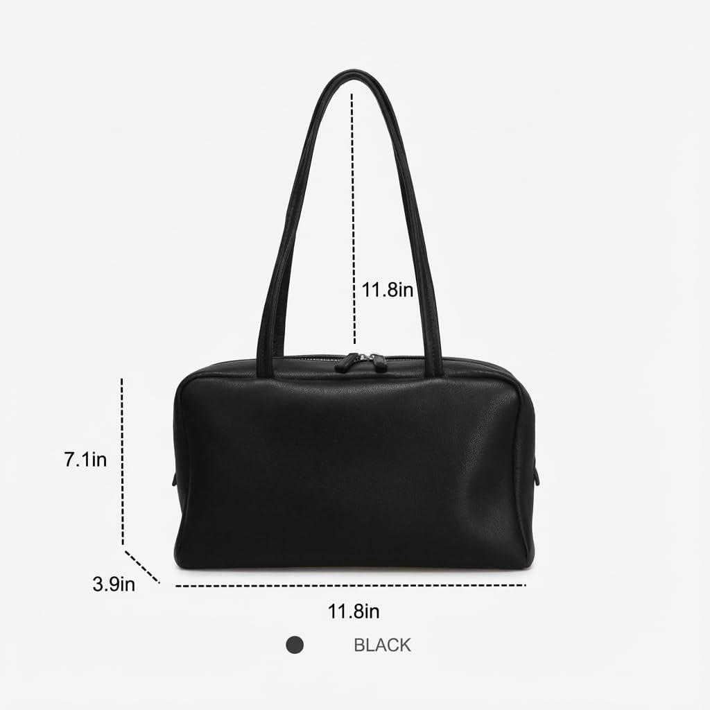 Genuine Sheepskin Women Shoulder Bag Purses Black Minimalist Design Slim Flat Handles Dual Zipper Closure Antique Silver Hardware 12x7x4 in Ideal for Daily Commute Casual Outings - Image 2