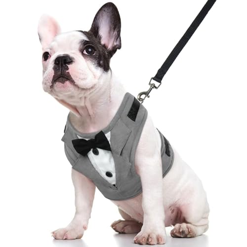 Kuoser Tuxedo Dog Harness, Adjustable No Pull for Small Medium Dogs, Wedding Suit with Bow Tie Party Costume, Gray M