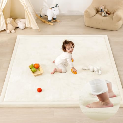 Image of 1.3 inch Thick Baby Play Mat for Floor, 79x118 Large Foam Tummy Time Mat, Padded Support Soft Plush Nursery Rug for Infant Kids Toddler Crawling Kick Activity (Ivory)