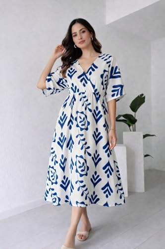 Image of Women Printed Midi Dress V-Neck Short Sleevless Maroon Pattern A-Line Dress