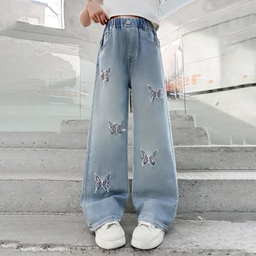 Wide Leg Jeans for Teens Butterfly Print Jeans Kids Elastic Waist Streetwear Denim Baggy Pants with Pockets 5-14Y4