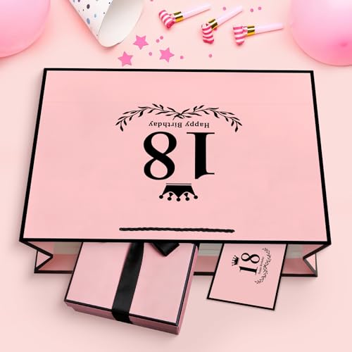 Image of JMANNI 18th Birthday Gift Bag, Pink with Black Satin Bow & Crown Design, Medium Happy 18th Birthday Present Bag for Party Favors, Size 12.60 inchx8.66 inchx4.33 inch