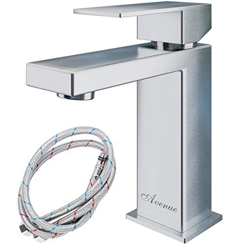 Avenue Stylish Single Hole Stainless Steel Bathroom Sink Faucet- Single Handle Brushed Nickel Hot and Cold Mixer faucets, Anti-Leakage, Long-Lasting Finishing with Cold/Hot Water Connecting Hoses.