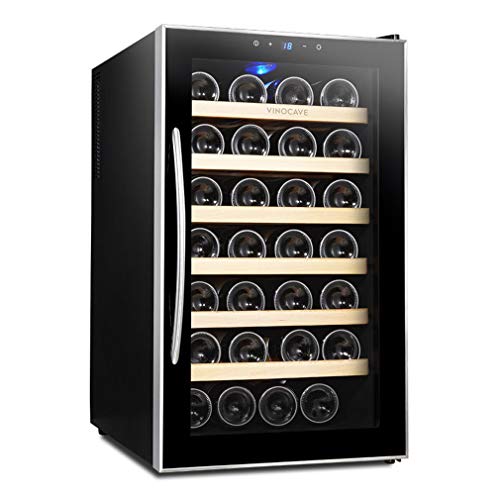 Design Mini Kompressor Weinkühlschrank, 28 Flaschen, 6 Holz-Einschübe LED-Display Edelstahl Glastür Freistehend Temperaturzonen 12-18°C