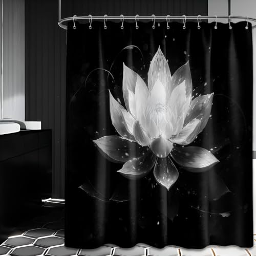 QGHOT Black and Grey Extra Long Shower Curtain, Tall 72X84 in, Lotus Flower