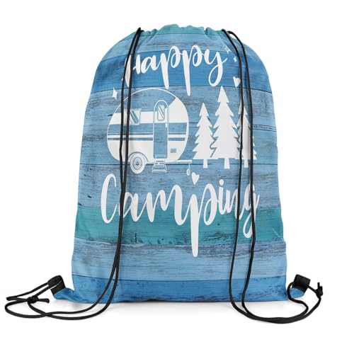 Castle Fairy RV Camper Drawstring Backpack,Happy Camping Waterproof Sports Gym Bag,Farmhouse Style Barn Door Large Capacity for Travelling,Swimming,Beach,Blue3