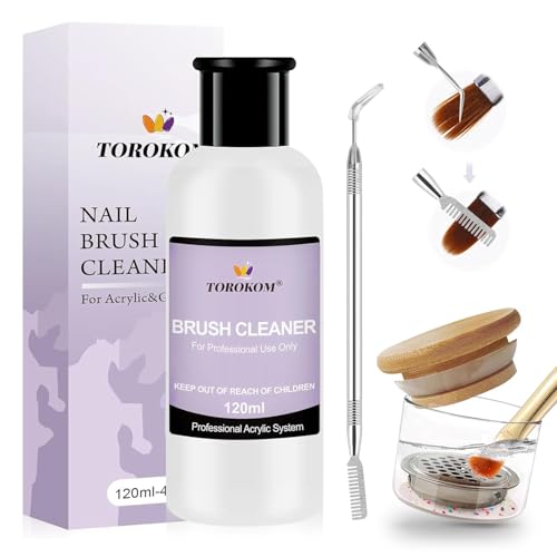 TOROKOM Nettoyant pour Pinceaux à Ongles Acryliques – 120 ml Nettoyant & Conditionneur avec Godet et Brosse pour Gel, Acrylique et Nail Art