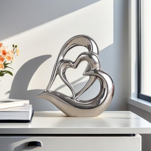 Dubbel hart keramisch beeldje, elegant hart voor decoratie, decoratieve sculptuur voor thuis, woonkamer, kantoordecoratie, geschikt als cadeau (zilver D) - Afbeelding 4