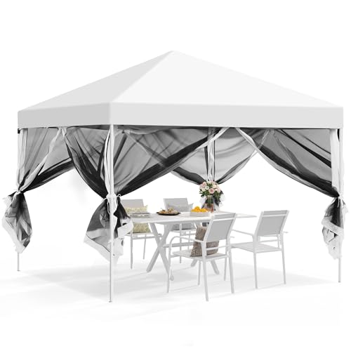 DWVO 10x10 Pop Up Canopy Tent with Netting, Easy Set Up Outdoor Patio Canopy Screen House Room Tent with 4 Ropes, 8 Stakes and 1 Carry Bag for Patio, Party, Picnic, Beach, Camping（White）