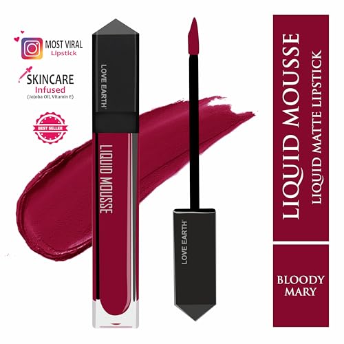 Image of Love Earth Liquid Mousse Lipstick - Bloody Mary Matte Finish | Lightweight, Non-Sticky, Non-Drying,Transferproof, Waterproof | Lasts Up to 12 hours with Vitamin E and Jojoba Oil - 6ml