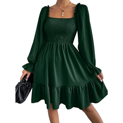Ekaliy Women's Square Neck Puff Sleeve Dress Smocked Casual A Line Swing Flowy Ruffle Hem Babydoll Mini Dress3