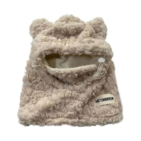Winter Beanies Caps Windproof Outdoor Neck Warmer Scarf Set Hooded Bear Ears Winter Ski Hat for Women Beige Cover